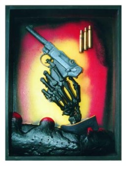 DRESSLER, OTTO >Gewalt-Terror-Krieg und Tod sind Brüder< 2005 Materialkollage, Kunststoffverfremdung 40 x 30 x 5cm Exemplar 2/5 Besitz des Künstlers