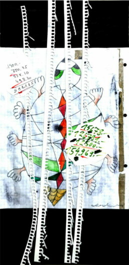 Oberhuber, Oswald, „Skarabäus und ich verstehe nichts“, 1999 Collage/Zeichnung Sammlung Kalkmann Bodenburg